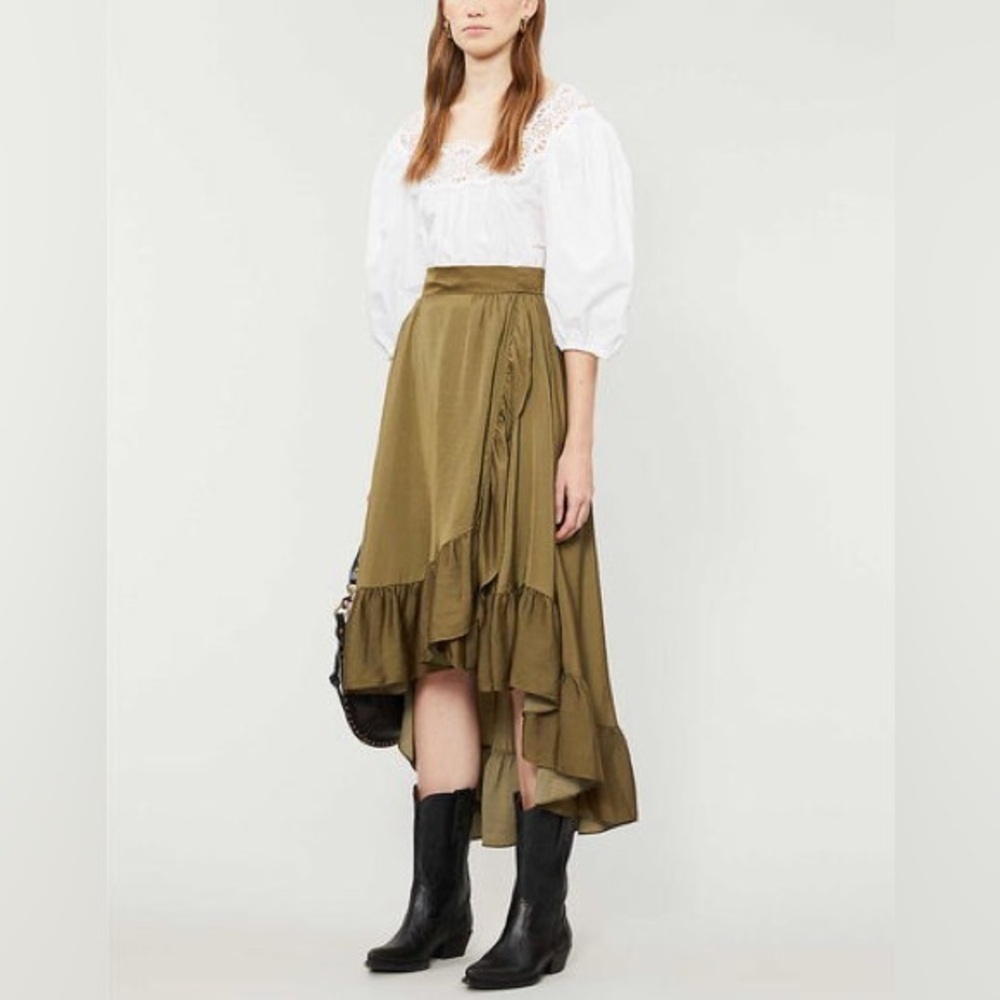 MAJE Frilled Stepped-Hem Crepe Midi Skirt Khaki Green Size 42 (XL)